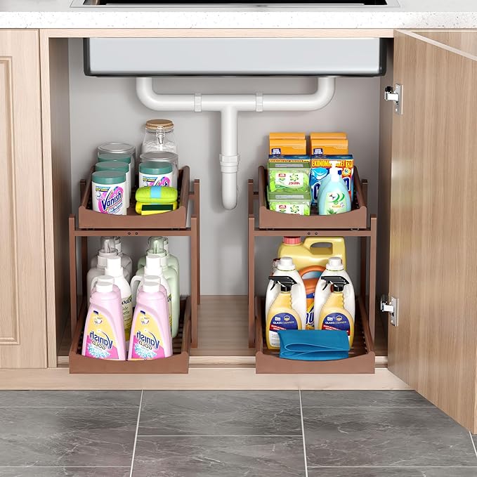 MHXW SXPN Bamboo Under Sink Organizer and Storage, Pull Out Cabinet Organization, 2 Tier Vertical Slide Out Undersink Storage Shelf, Organizer Shelves for Kitchen Bathroom Medicine (Brown, 2 Pack)