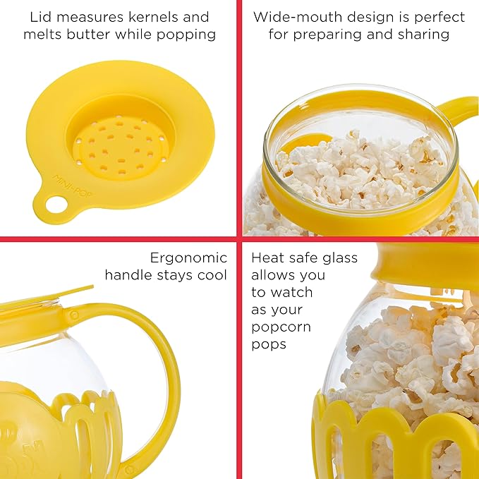 Ecolution Patented Micro-Pop Microwave Popcorn Popper with Temperature Safe Glass, 3-in-1 Lid Measures Kernels and Melts Butter, Made Without BPA, Dishwasher Safe, 3-Quart, Yellow