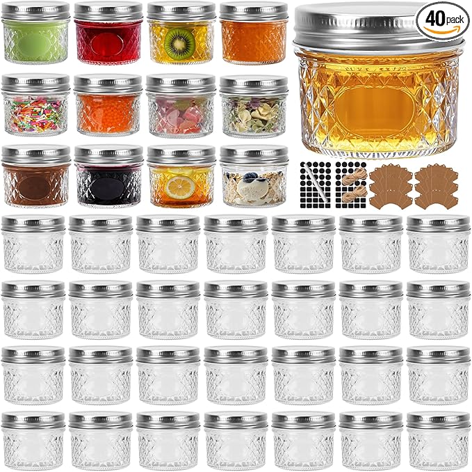 CycleMore 40 Pack 4oz Clear Mason Jars With One Piece Silver Lids, Mini Glass Canisters, Spice Bottles, Canning Jars for Honey, Jam, Jelly