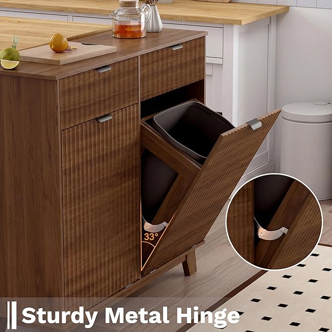 Double Tilt Out Laundry Hamper Cabinet, 20 Gallon Wooden Trash Can Cabinet with Storage Drawers, Hidden Fluted Bathroom Storage Cabinet for Kitchen, Living Room (Walnut Wood, 39.34"W x 35.83"H x 13"D)