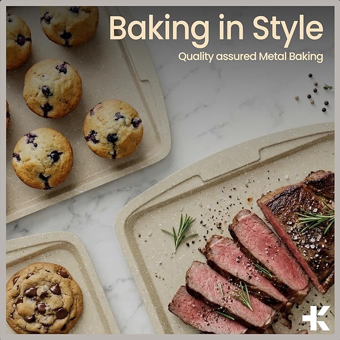 White Marble 10-Piece Bakeware Sets, Nonstick Carbon Steel Baking Sheet & Pans, Stackable Space-Saving Bakeware, Dishwasher Safe, Stain-resistant, PFOAPFOSPTFE Free, Oven Safe Up To 450°F (230°C)