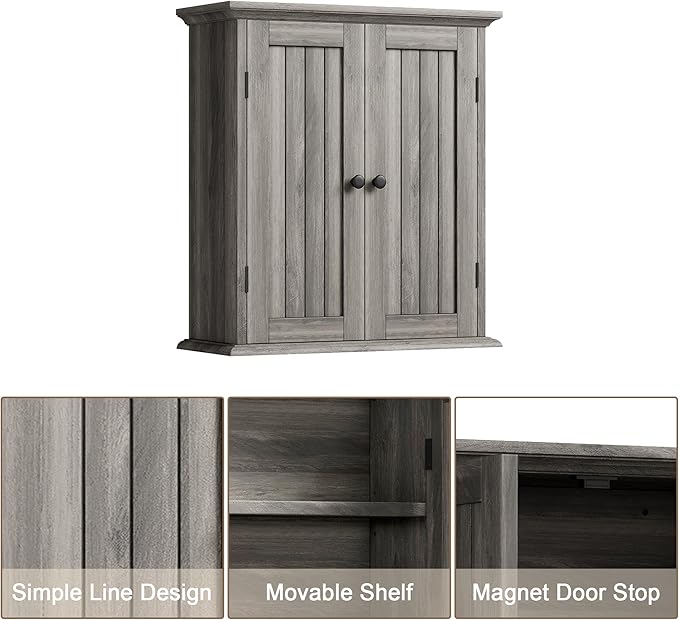 ChooChoo Bathroom Wall Cabinet, Over The Toilet Space Saver Storage Cabinet, Farmhouse Medicine Cabinet with 2 Doors and Adjustable Shelves, Cupboard, Retro Grey