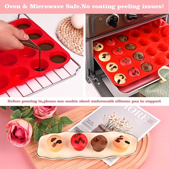 Sakolla 2 Pack Silicone Muffin Pan, Nonsticks 24 Cups Mini Cupcake Pans for Baking Muffin, Egg Bite, Cupcakes and Puddings (Red)