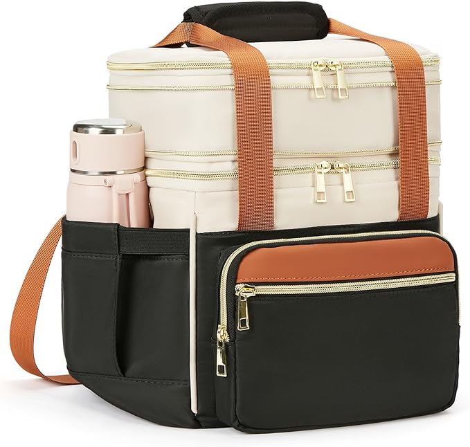 holuxer Insulated Lunch Bag & Lunch Box for Women - Double Deck Reusable Lunch Bag for men Tote Cooler Bag Leakproof Soft Expandable - Large Lunchbox for Work/Adult/Picnic/Outdoor (Coffee Black，15L)