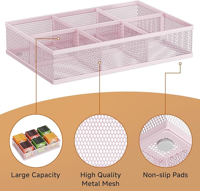 Tea Bag Organizer 6 Grids. Mesh Tea Bag Holder with Handle, Teabag Holder, Tea Station Organizer for Countertop, Pantry, Kitchen, Cabinet - Pink