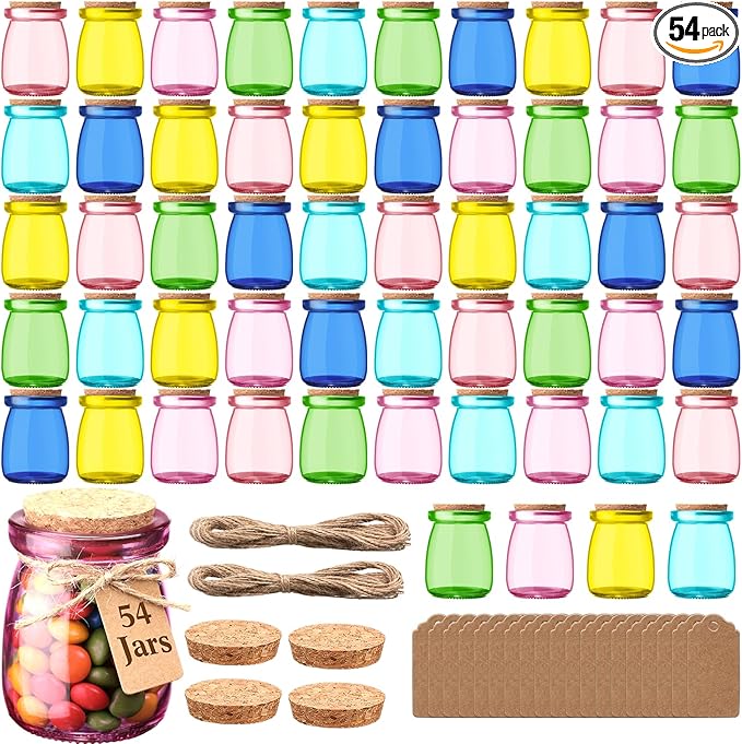 Qinyoung 54 Pack Bulk 3.4 oz Mini Colored Glass Mason Jars with Cork Lids & Labels & Twines — Decorative Storage Containers Multi-purpose for Wedding Holiday Party Favor Gifts DIY Craft Home Decor