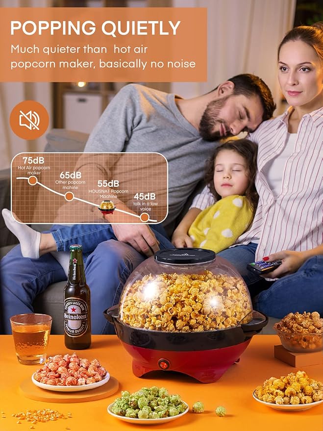 HOUSNAT Popcorn Machine, 28 Cup Popcorn Maker, 800w Electric Stirring Popcorn Popper with Quick-Heat Technology,Removable Non-Stick Surface,Cool Touch Handles,Thicken Transparent Cover,2 Measuring Cap