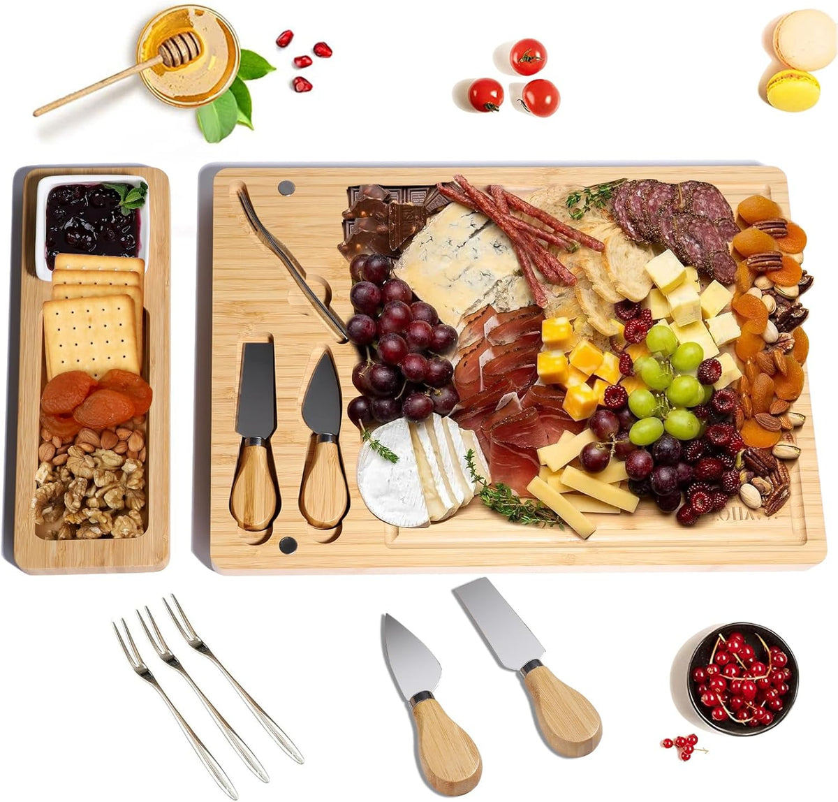 Charcuterie Boards Bamboo Cheese Board with Knife Set, Serving Tray, Gifts for Women, Housewarming Gifts for New Home, Wedding Gift for Couples 2025 (With 1 Bowl)