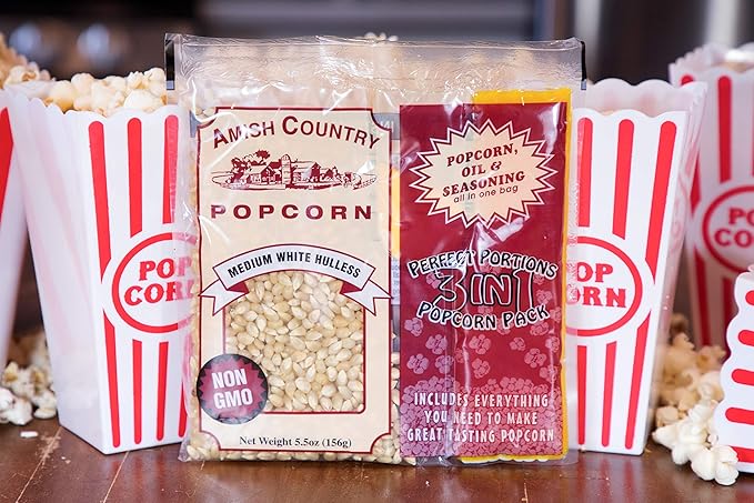 Amish Country Popcorn | All-In-One Medium White Kernel Popcorn Packs | Pre-Measured for Popcorn Machines and Includes Hulless Popcorn, Oil & Salt (5.5 ounce, Pack of 24)