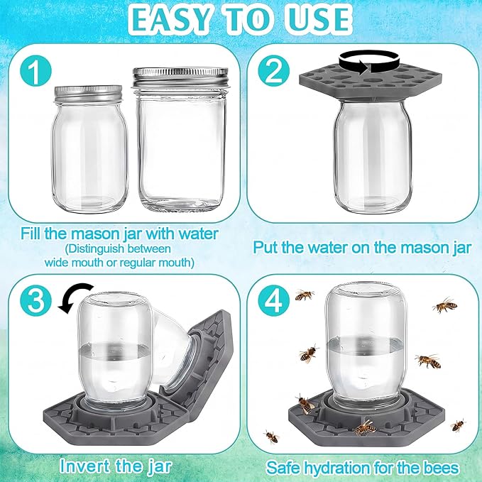 4 Pack Bee Feeder for Mason Jar Bee Watering Station Garden Silicone Sugar Water Feeder Beekeeping Drinking Equipment Tools with Mason Jars for Drinking Water (Grey)