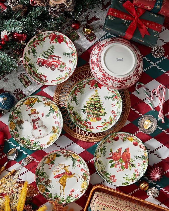 Christmas Pasta Bowls, Ceramic Salad Serving Bowl Set, 8 Inch Wide and Shallow Dinner Bowl Plate for Kitchen, Dishwasher and Microwave Safe, Set of 6
