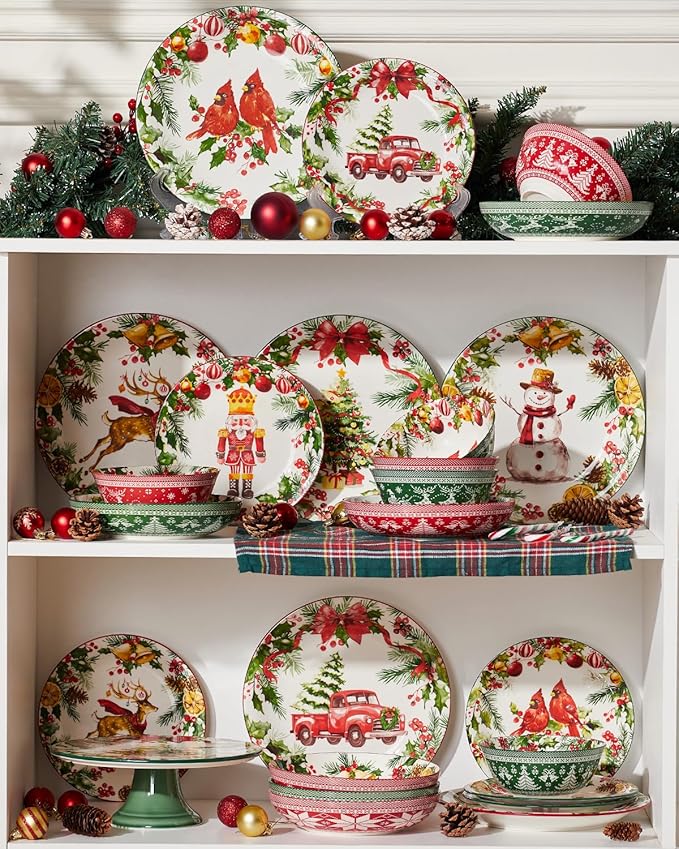 Christmas Pasta Bowls, Ceramic Salad Serving Bowl Set, 8 Inch Wide and Shallow Dinner Bowl Plate for Kitchen, Dishwasher and Microwave Safe, Set of 6