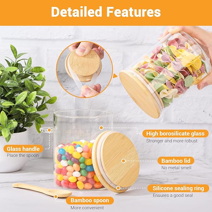Glass Jars with Bamboo Lids and Spoon - 4 Pack 26 Fl.oz Round Glass Storage Jars with Airtight Lid, Includes Labels and Marker, Sugar Container Set for Coffee Bar, Tea Canister for Cereal, Bean