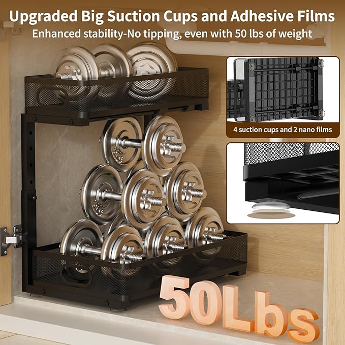 Under Sink Organizer 2 Pack, 2-Tier Slide Out Cabinet Organizer with Metal Sliding Drawer and Hooks, Pull Out Storage Baskets for Kitchen Bathroom Pantry Cabinet Organization (black)
