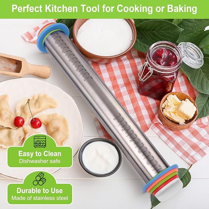Rolling Pin with Thickness Rings and Silicone Baking Mat, Adjustable Stainless Steel Rolling Pins for Pasta or Sugar Decorating Cookies, Bread Making Tools Fondant Roller for Dough, Dumpling, Ravioli