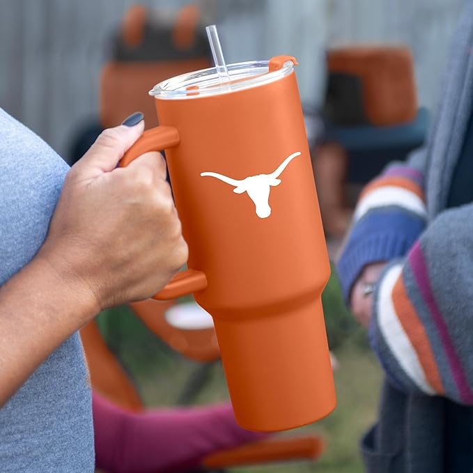 Logo Brands NCAA 40 oz Tumbler with Handle -Stainless Steel Insulated Travel Tumbler with Straw Lid – Powder Coated, Leak-Resistant, Keeps Drinks Hot/Cold – Great for Tailgating, or Everyday Use