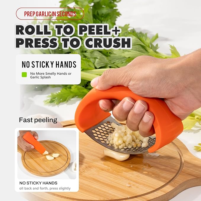 Li&Zhao Stainless Steel Garlic Press Rocker - Garlic Crusher Stainless Steel Garlic Mincer Tool Garlic Rocker with Garlic Peeler Garlic Smasher for Kitchen Cooking(Orange)