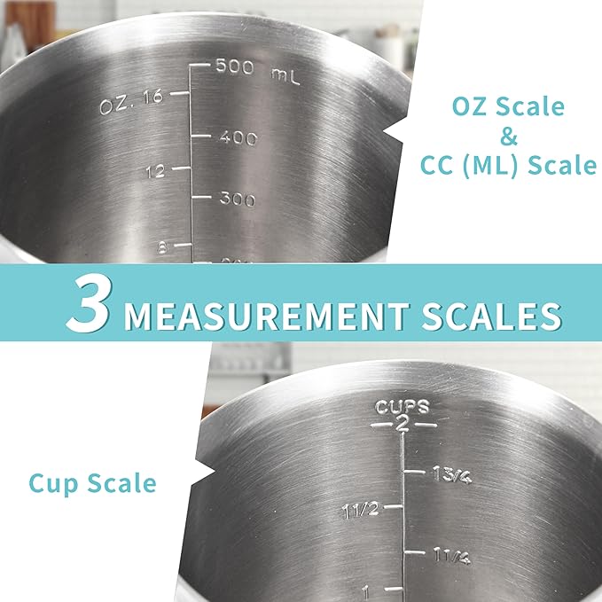 Newness 5 Pack Stainless Steel Measuring Cups Set (3 Marking Including Cup/ML/Oz Scale)(2, 3, 4, 6 & 8 Cup) Metal Measuring Cup with Handle For Prepping, Baking and Cooking, Dishwasher, Microwave Safe