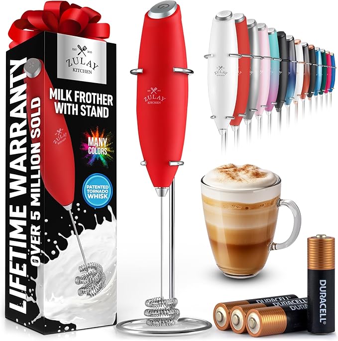 Zulay Kitchen Patented Tornado Triple Whisk Milk Frother with 4 Duracell Batteries – Handheld Foam Maker for Coffee, Lattes, Matcha & Hot Chocolate – Rich, Creamy Froth in Seconds - Cardinal Red