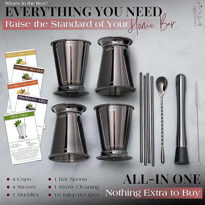Gusto Nostro Mint Julep Cups Set of 4 - Stainless Steel Julep Cup Kit with Straws, Muddler, Spoon, Recipes, Vases - Southern-style Cocktail Glasses for Home Bar - Stainless Steel Cocktail Cups (Black)