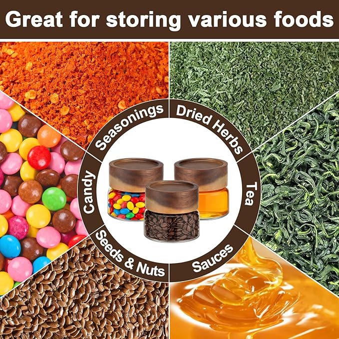 Glass Jar with Wood Lid, 2 Pack 3oz 80ml Small Glass Spice Jars with Airtight Screw Lids, Cute Coffee Containers Clear Glass Canister for Beans, Sugar, Tea, Sauce, Honey, Herb