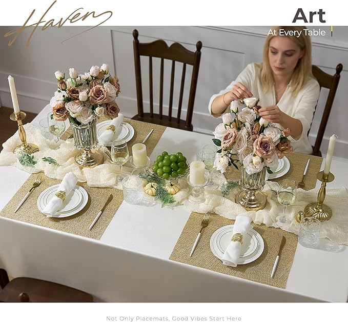 Leetaltree Gold Placemats Set of 6 - Heat Resistant Non-Slip Place mats for Dining Table, Washable Durable PVC Vinyl Woven Table Mats(Luxury Gold, 6)