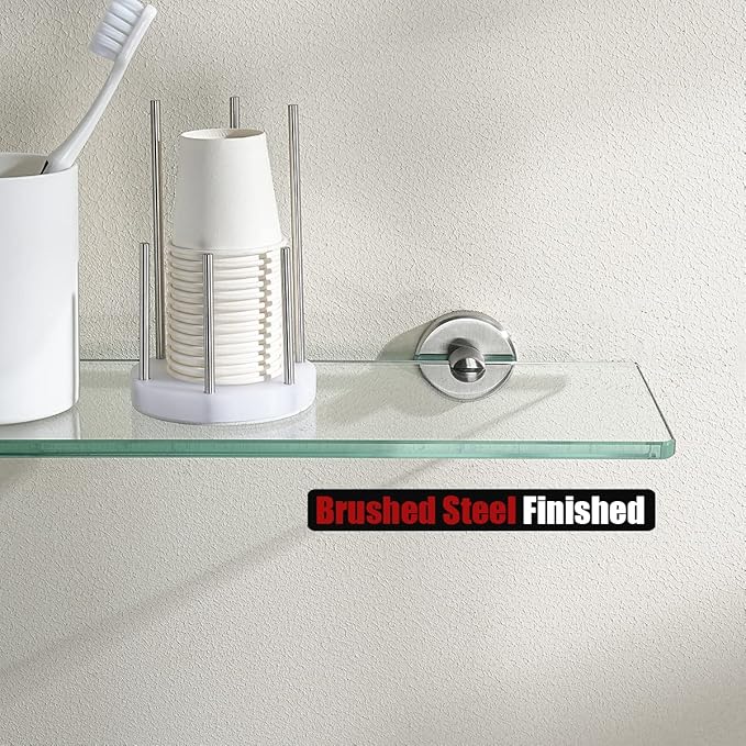 JQK Bathroom Glass Shelf, Tempered Glass Shower Storage 20 by 5 inches, 304 Stainless Steel Brushed Finish Wall Mount, 2 Pack, TGS101L20-BN-P2