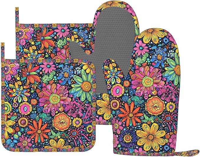 Oven Mitts and Pot Holders Set, Colorful Flower Art Silicone Kitchen Accessories 4 Piece Heat Resistant Long Gloves Potholder Non-Slip Grip for Chef Cooking Baking Grilling BBQ