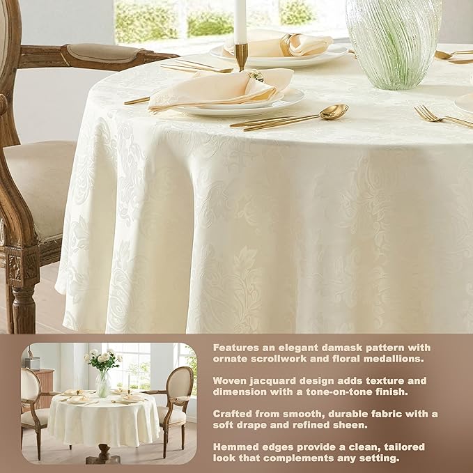 Newbridge Barcelona Luxury Damask Fabric Tablecloth, 108” Round, Antique White, 100% Polyester, No Iron, Soil Resistant Dining Room, Party and Banquet Table Cover