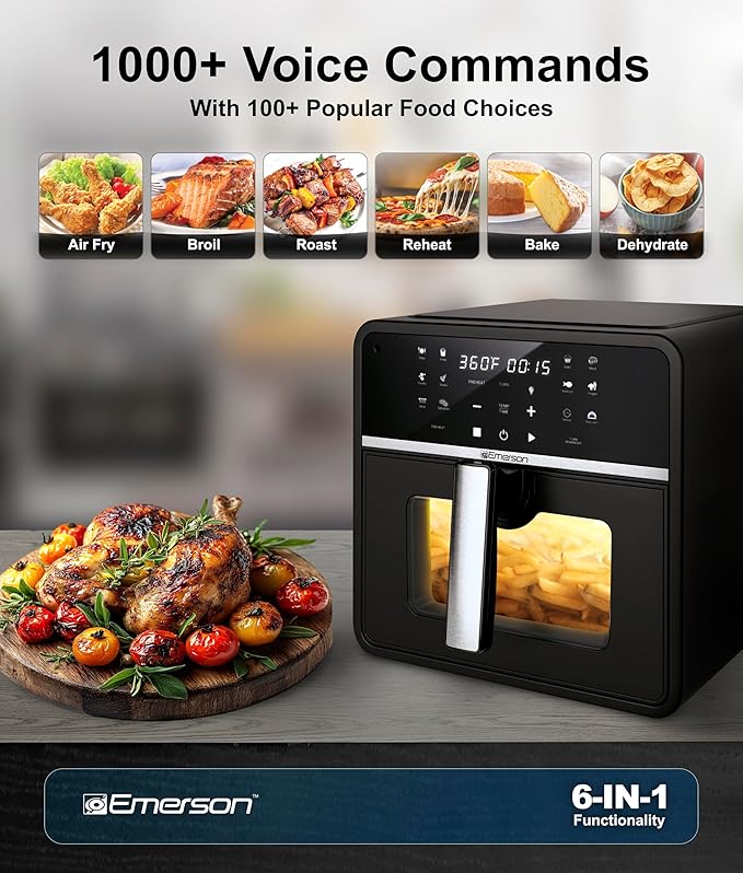 Emerson SmartVoice 10QT 6-in-1 Air Fryer, 1000+ Voice Control Commands, 100+ Recognized Food, No APP, No WIFI, No Setup, Nonstick Basket, Air Fry, Bake, Reheat, Dehydrate, 1700W