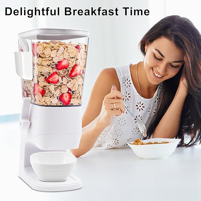 Cereal Dispenser Countertop with Bowls Spoons Cutlery Box, 3.2L Cereal Containers Storage Snack Dispenser for Pantry, Dry Food Dispenser for Snack, Oatmeal, White, 1Pc