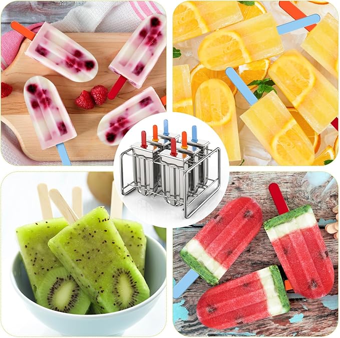 Jingmore Stainless Steel Pop Molds, 6 Round Head Metal Pop Molds with Holder & Reusable Sticks, Metal Ice Cream Makers for Frozen Yogurt Fruit Ice Cream Sorbet Making(Square)