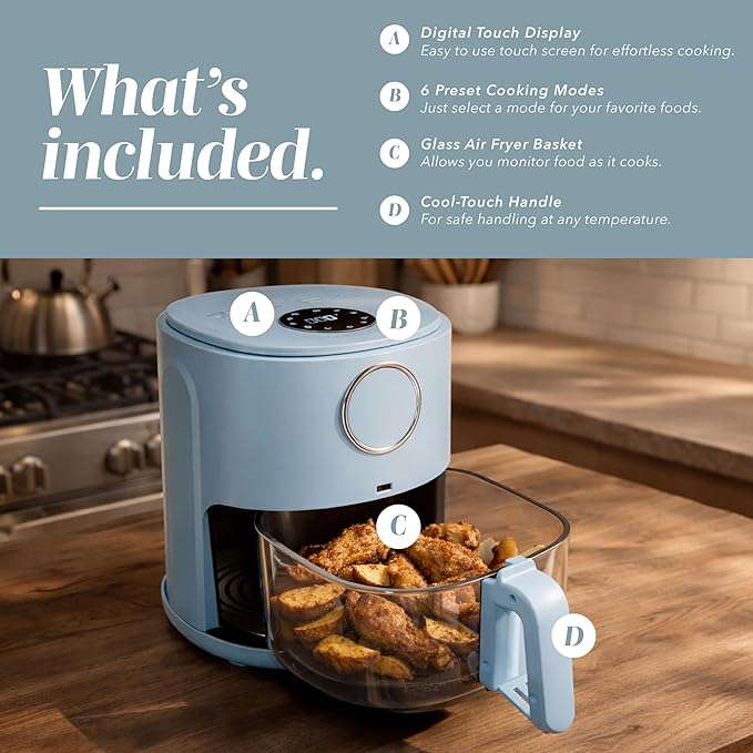 COOK WITH COLOR Colorful 1200W 4Qt Air Fryer: Glass Basket, Dishwasher Safe, 60min Timer, 6 Presets, Temp Control 175F-400F, 4 QT, Slate Blue