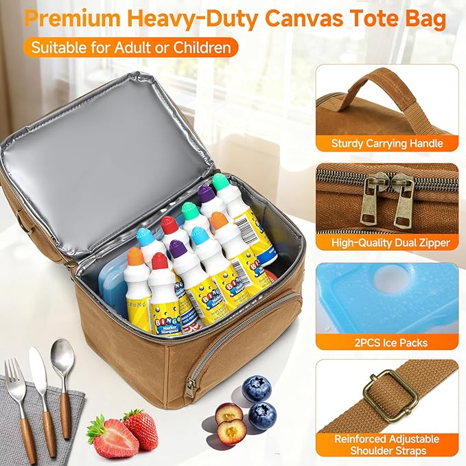 Lunch Box with Ice Packs, Waxed Canvas Lunch Bag for Men, 10.5L Leakproof Insulated Lunch Cooler for Men Work, Dual Compartment Soft Cooler for Work, Camping, Beach & Road Trips