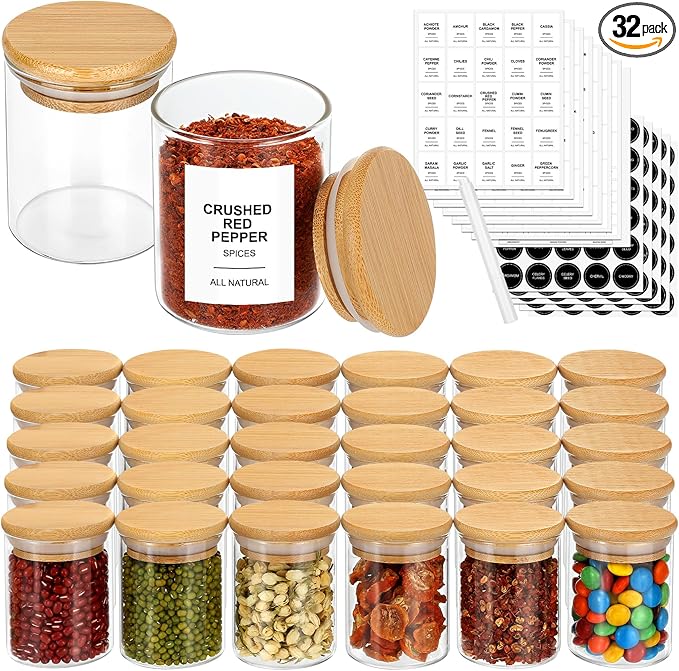 EgticHome 4OZ Glass Spice Jars with Bamboo Lids and 315 Labels, 32 Pcs Clear Food Storage Containers for Kitchen Sugar Salt Coffee Tea Beans