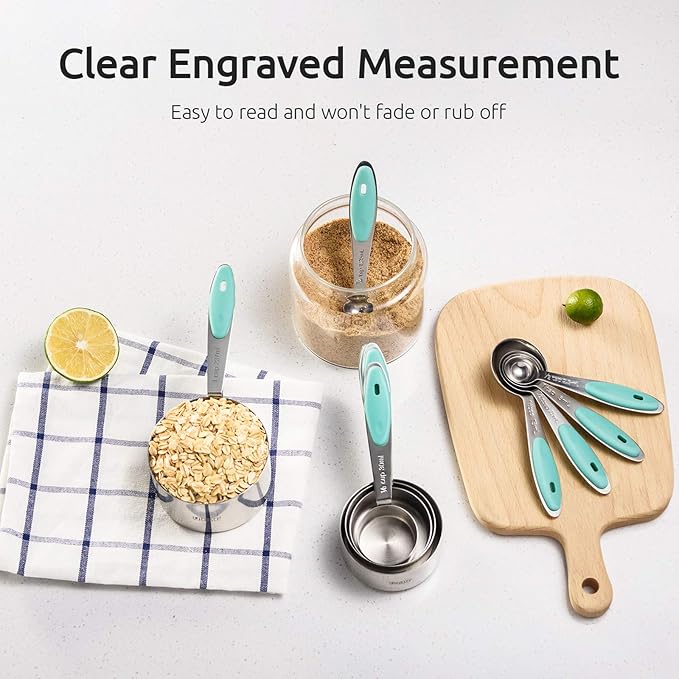U-Taste 10 Piece Measuring Cups and Spoons Set in 18/8 Stainless Steel, and 18/8 Stainless Steel 3.9 inch 30 Mesh Strainer (Aqua Sky)