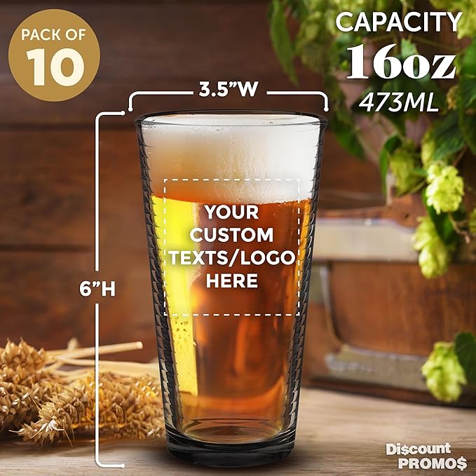 Custom Spiral Pint Glass 16 oz. Set of 10, Personalized Bulk Pack - Beer Glasses, Heavy Duty Drinkware - Black