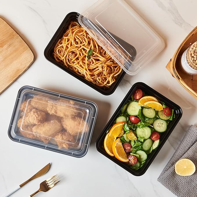CIAO! Heavy Weight 32oz Injection Molded Microwavable Black Rectangular Food Container with Lid (150/case)