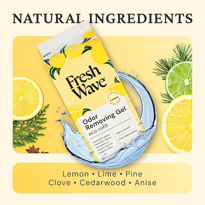 Fresh Wave Odor Removing Gel Eco-Refill, 63 oz. Lemon Scent | 2 Empty Refillable Glass Jars | 2 Room Set
