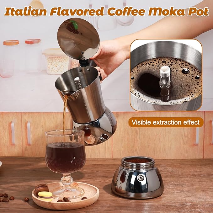 No Coating 6 Cup Thickened 304 Stainless Steel Moka Pot Stovetop Espresso Maker Italian Coffee Machine 300ml 10oz Suitable for Gas Induction Stovetop Greca Coffee Maker Percolator