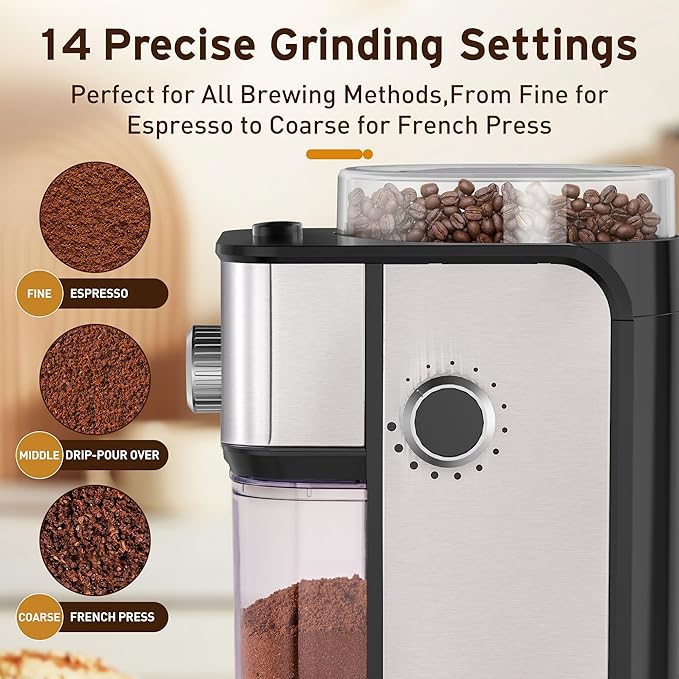 Ollygrin Flat Burr Coffee Grinder Electric, Adjustable Coffee Grinder for Home Use, Compact Coffee Beans Grinder with 14 Grind Settings, 2-12 Cups for Home & Office