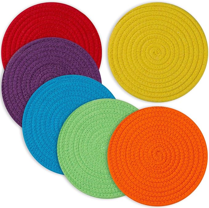 Trivets for Hot Dishes, Pots and Pans, 8 Inches Hot Pads 6 Pcs, Pot Holders for Kitchen, Heat Resistant Mat Protect Counter, Coasters Set Home Essentials Farmhouse Decor (Rainbow)