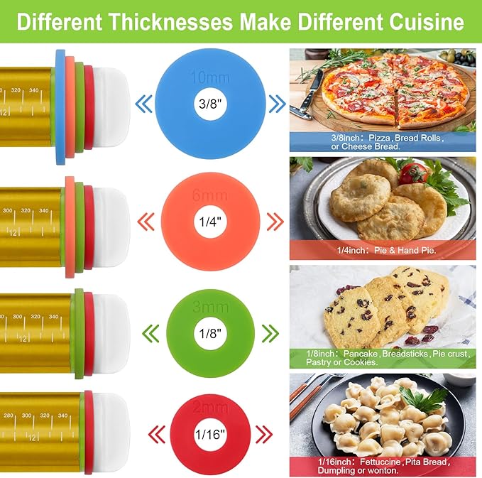 Adjustable Rolling Pins for Baking, Stainless Steel Rolling Pin with Thickness Rings, Metal Dough Roller for Fondant Cookies Pastry Pizza Pasta, Measuring Rolling Pin Baking Tools for Cake Baker, Gold