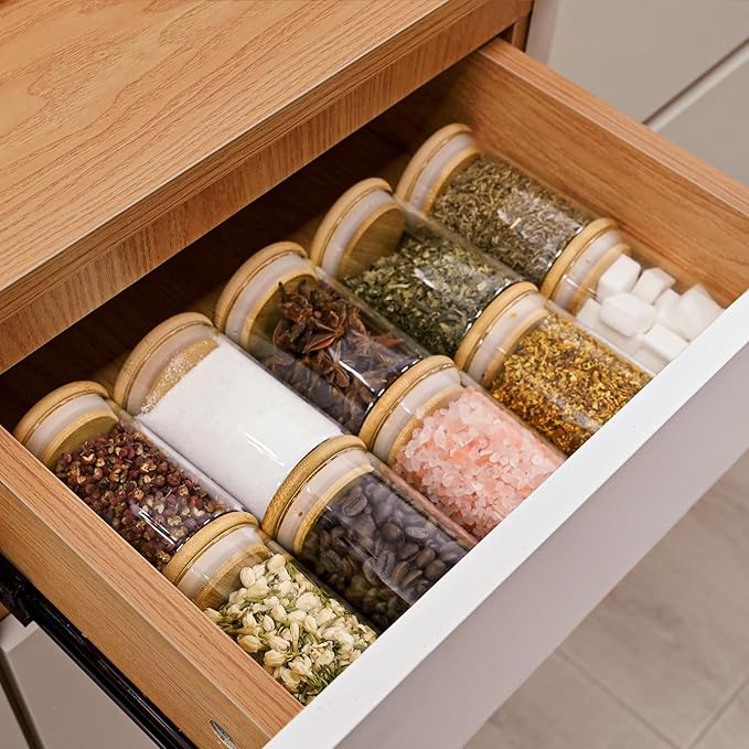 SHOWIN 8oz Glass Food Storage Jars, Glass Jars with Bamboo Lids, Kitchen Storage Jars, Set of 12, Canisters with Airtight Lids for Spice, Coffee, Cookie, Pantry Organizers