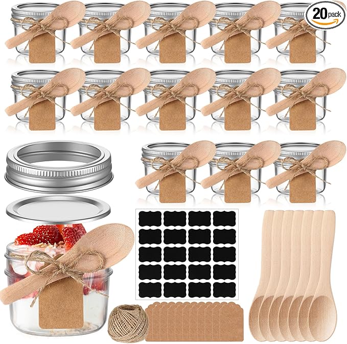 Baderke 20 Set Mini Mason Jars with Wood Spoon 4 oz Mini Jam Jars with Lids and Labels, Small Glass Canning for Jelly Spice Herbs Honey Storage Bridal Shower Wedding Favors DIY Candles(Silver)