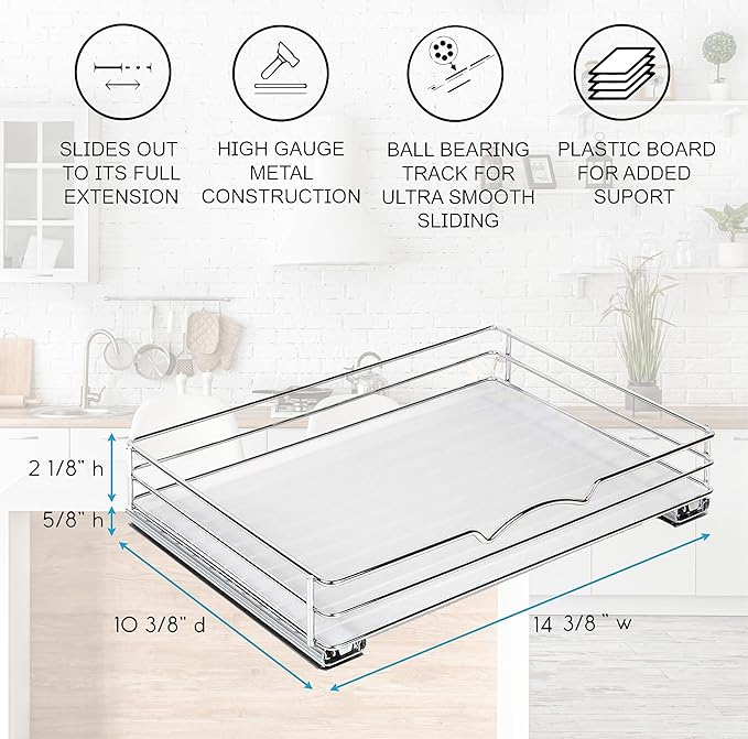 Pull-Out Cabinet Spice Rack Organizer - Slim Slide-Out Storage for Spices, Bottles & Jars, Premium Heavy-Duty Steel, Easy Install for Narrow Kitchen Cabinets - 14 ⅜ W x 10 ⅜ D x 2 ¾ H, Chrome