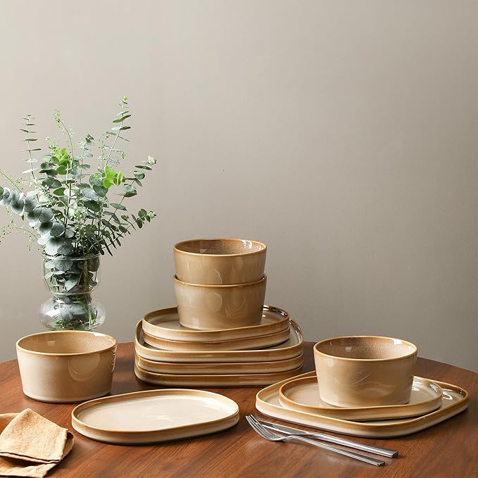 Stone Lain Cairo 12-Piece Dinnerware Set Stoneware, Plates and Bowls Set, Microwave and Dishwasher Safe, Includes Dinner and Salad Plates, Cereal Bowls, Dishes for 4, Sand
