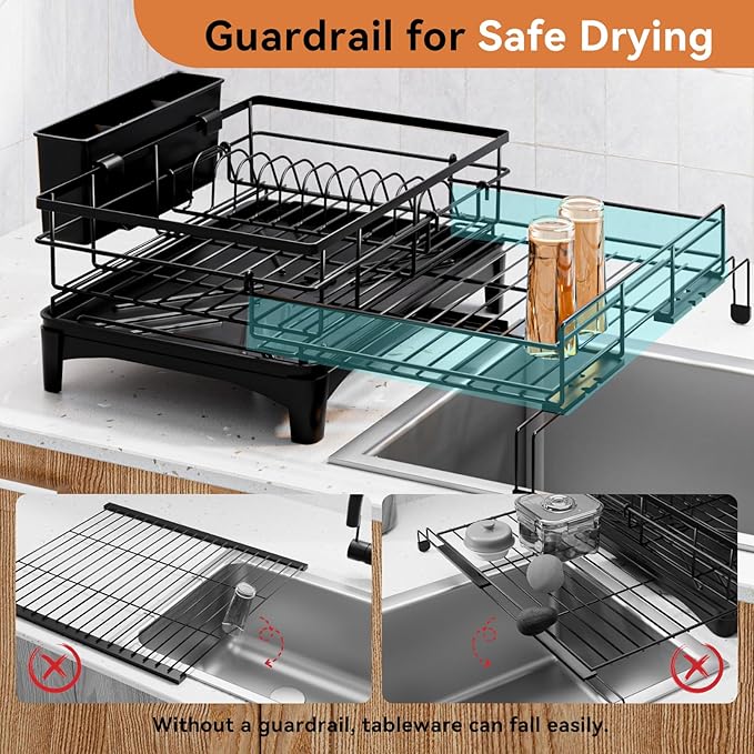 Laveshop Dish Drying Rack - Expandable Rack, Large Capacity Dish Drainer for Kitchen Counter, Rust-Proof with Utensil Holder, Black