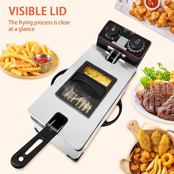 3L Deep Fryer with Basket for Home, 1300W Electric Small Deep Fryer with Temperature Control, Timer Control, View Window Lid, Stainless Steel Body for Restaurant Use