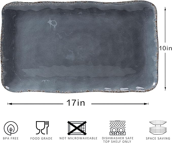 Large Vintage Melamine Serving Platter, Set of 2, 17x10 Inch Melamine Rectangular Serving Platter and Trays .Cool Gray
